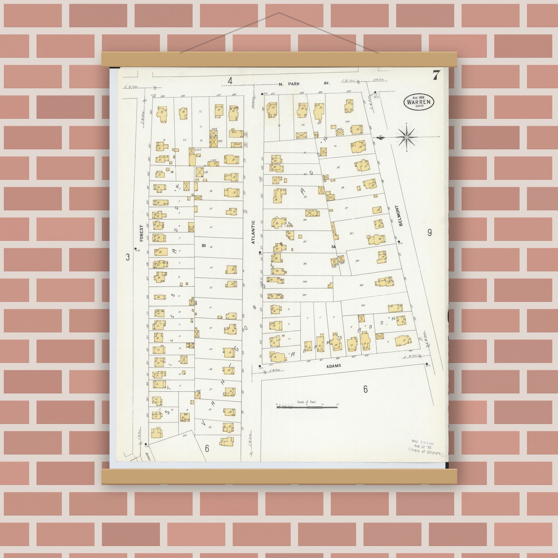 Old map wall art mockup — magnetic wood frame on brick wall — Sanborn Fire Insurance Map from Warren, Trumbull County, Ohio (1908), Sheet #0007
