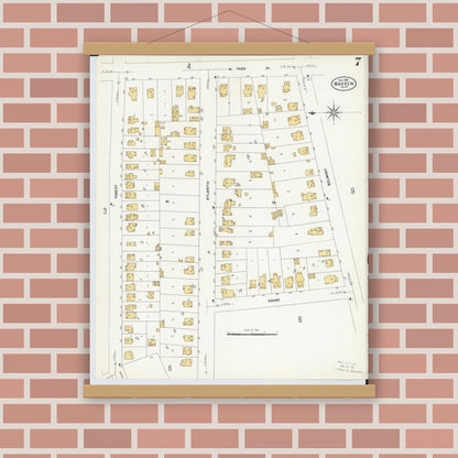Old map wall art mockup — magnetic wood frame on brick wall — Sanborn Fire Insurance Map from Warren, Trumbull County, Ohio (1908), Sheet #0007