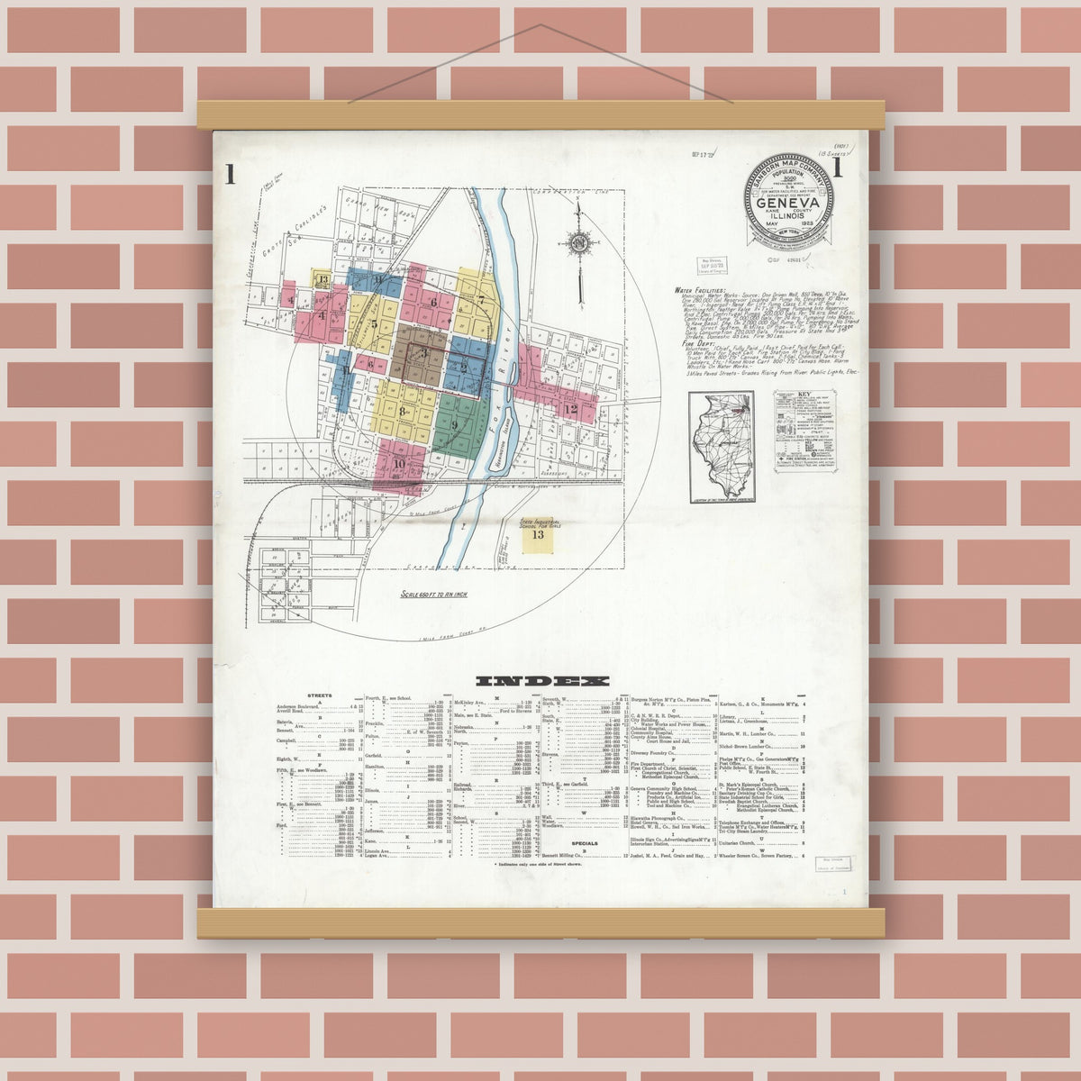 Old map wall art mockup — magnetic wood frame on brick wall — Sanborn Fire Insurance Map from Geneva, Kane County, Illinois (1923) - Complete Map Set
