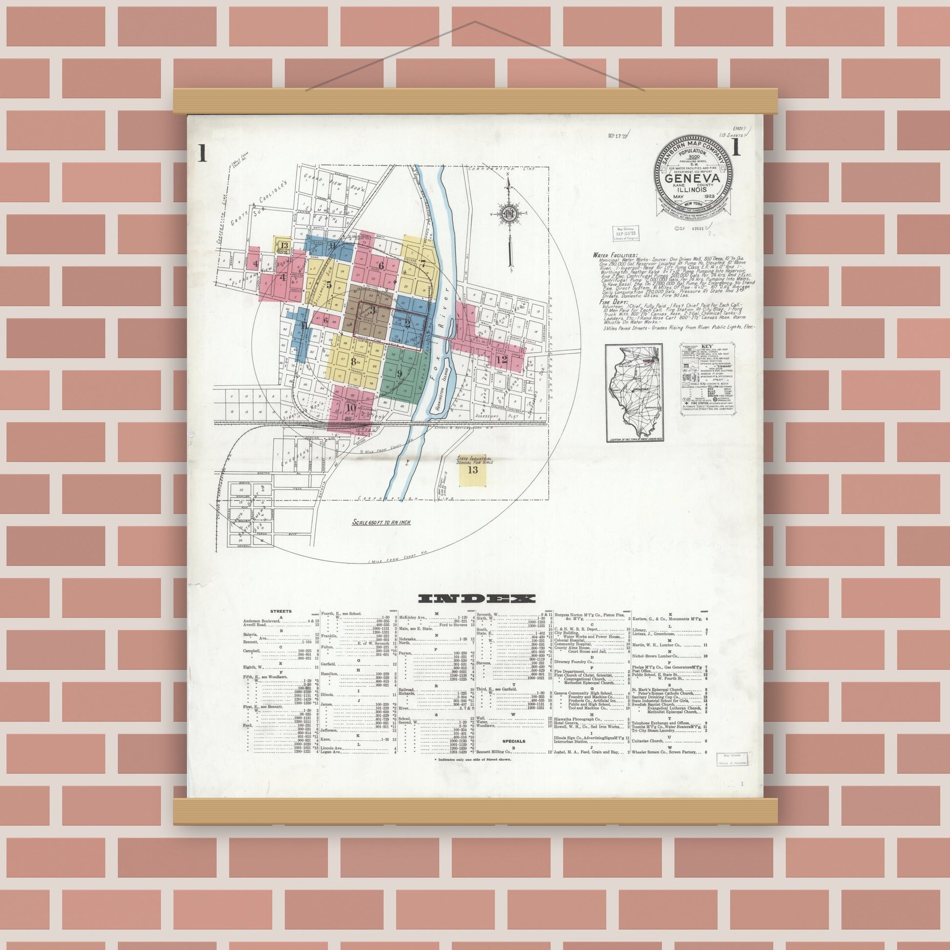 Old map wall art mockup — magnetic wood frame on brick wall — Sanborn Fire Insurance Map from Geneva, Kane County, Illinois (1923) - Complete Map Set