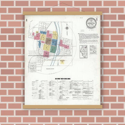 Old map wall art mockup — magnetic wood frame on brick wall — Sanborn Fire Insurance Map from Geneva, Kane County, Illinois (1923) - Complete Map Set