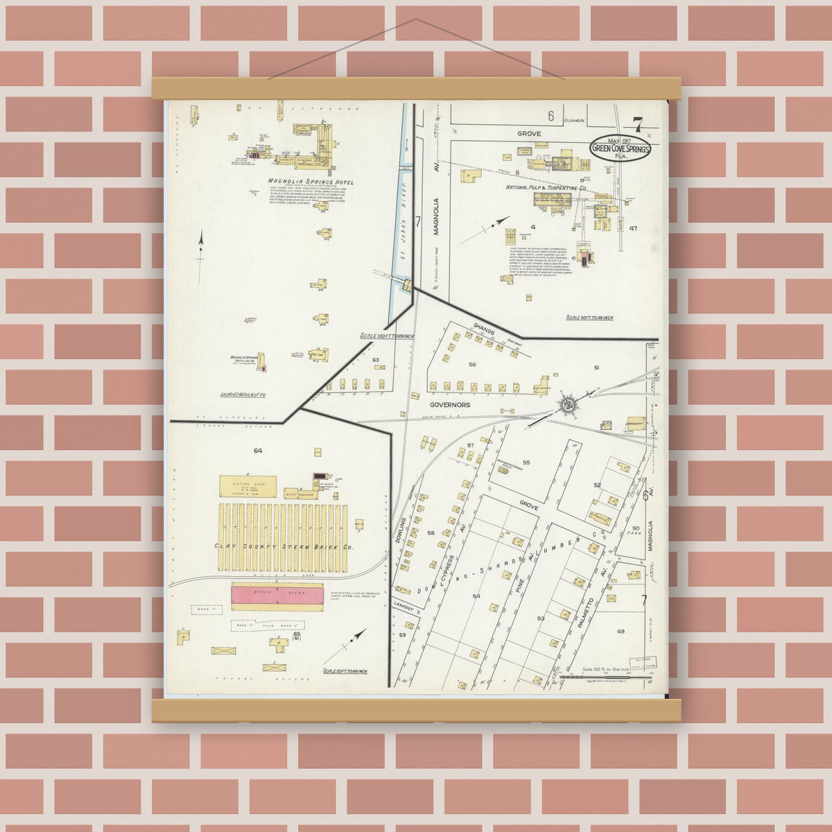 Old map wall art mockup — magnetic wood frame on brick wall — Sanborn Fire Insurance Map from Green Cove Springs, Clay County, Florida (1917), Sheet #0007