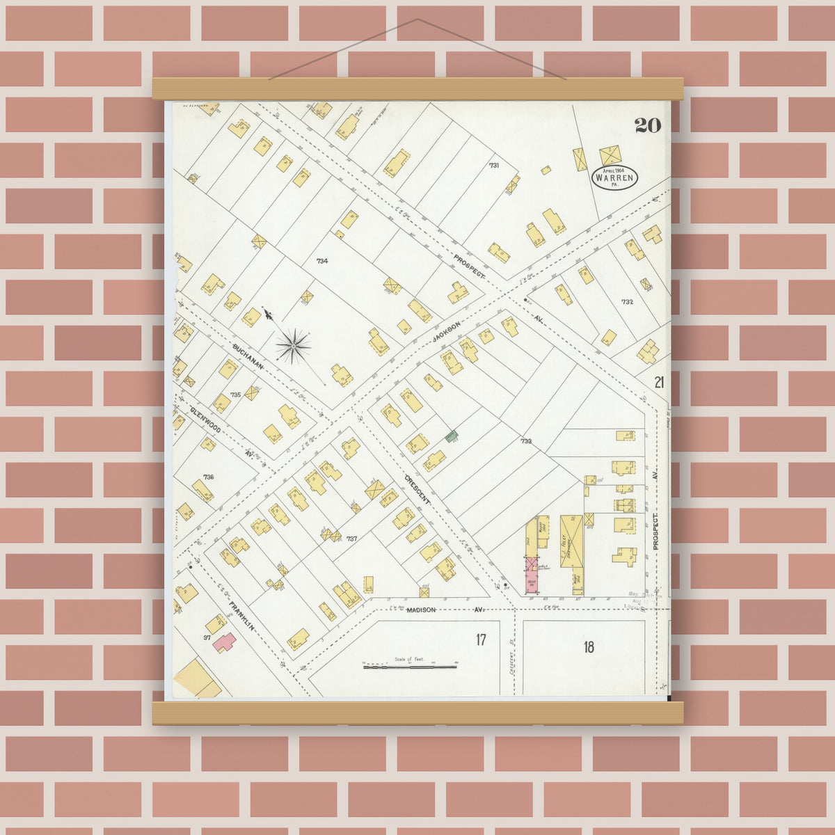 Old map wall art mockup — magnetic wood frame on brick wall — Sanborn Fire Insurance Map from Warren, Warren County, Pennsylvania (1904), Sheet #0020