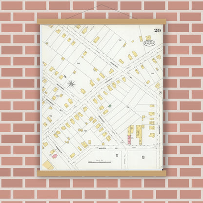 Old map wall art mockup — magnetic wood frame on brick wall — Sanborn Fire Insurance Map from Warren, Warren County, Pennsylvania (1904), Sheet #0020