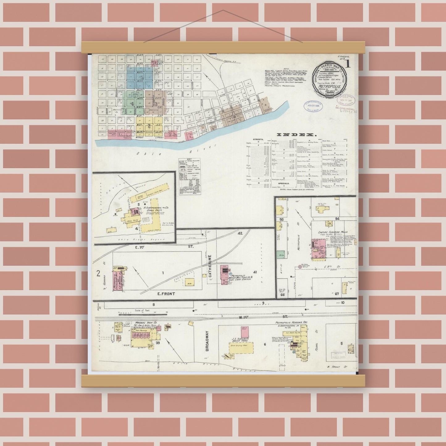 Old map wall art mockup — magnetic wood frame on brick wall — Sanborn Fire Insurance Map from Metropolis, Massac County, Illinois (1897) - Complete Map Set