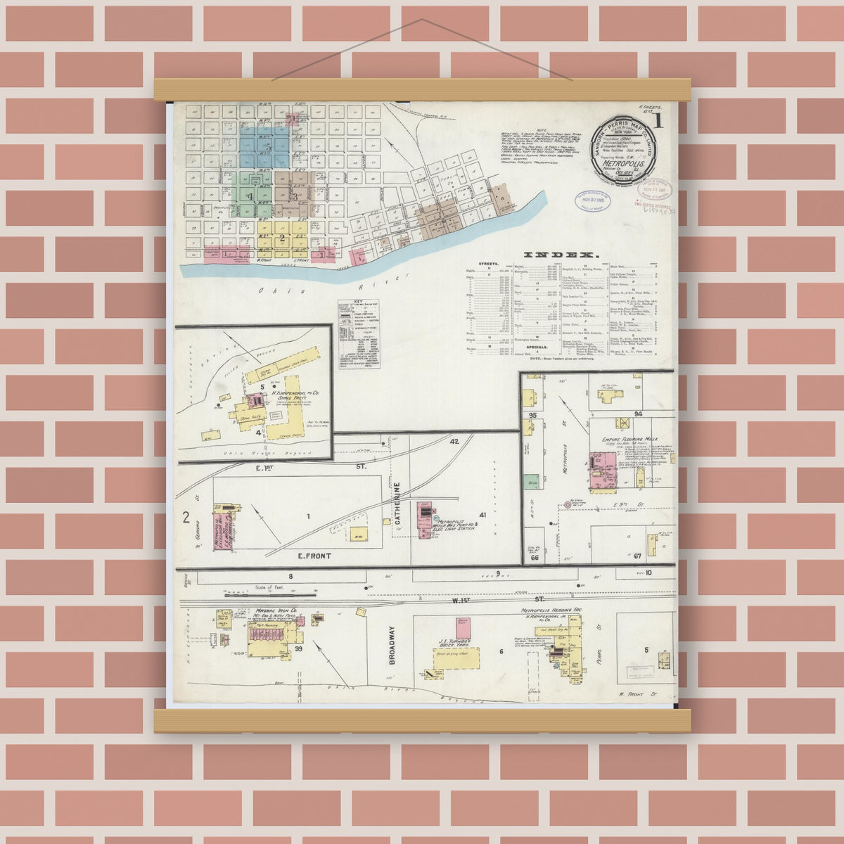 Old map wall art mockup — magnetic wood frame on brick wall — Sanborn Fire Insurance Map from Metropolis, Massac County, Illinois (1897) - Complete Map Set