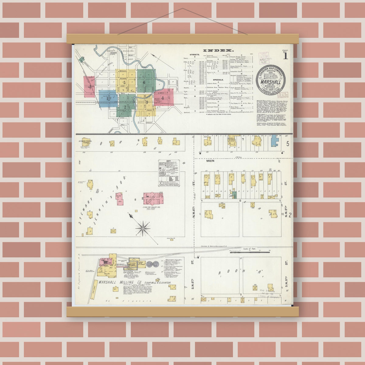 Old map wall art mockup — magnetic wood frame on brick wall — Sanborn Fire Insurance Map from Marshall, Lyon County, Minnesota (1902), Sheet #0001