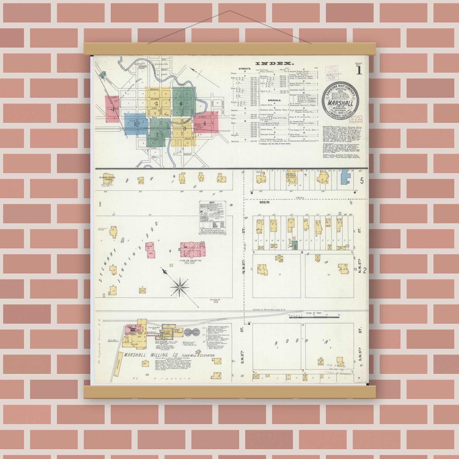 Old map wall art mockup — magnetic wood frame on brick wall — Sanborn Fire Insurance Map from Marshall, Lyon County, Minnesota (1902), Sheet #0001