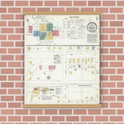 Old map wall art mockup — magnetic wood frame on brick wall — Sanborn Fire Insurance Map from Marshall, Lyon County, Minnesota (1902), Sheet #0001