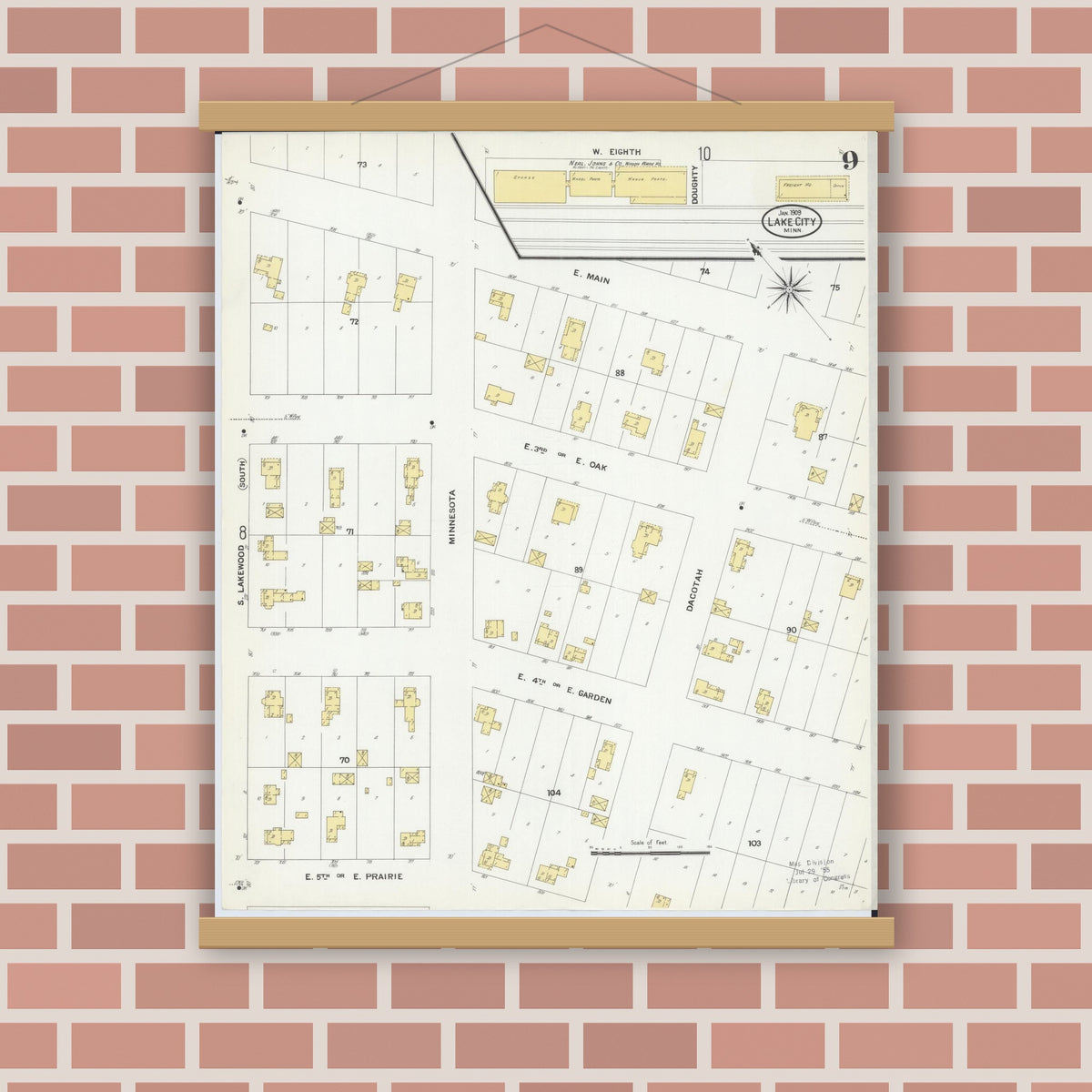 Old map wall art mockup — magnetic wood frame on brick wall — Sanborn Fire Insurance Map from Lake City, Wabasha County, Minnesota (1909), Sheet #0009