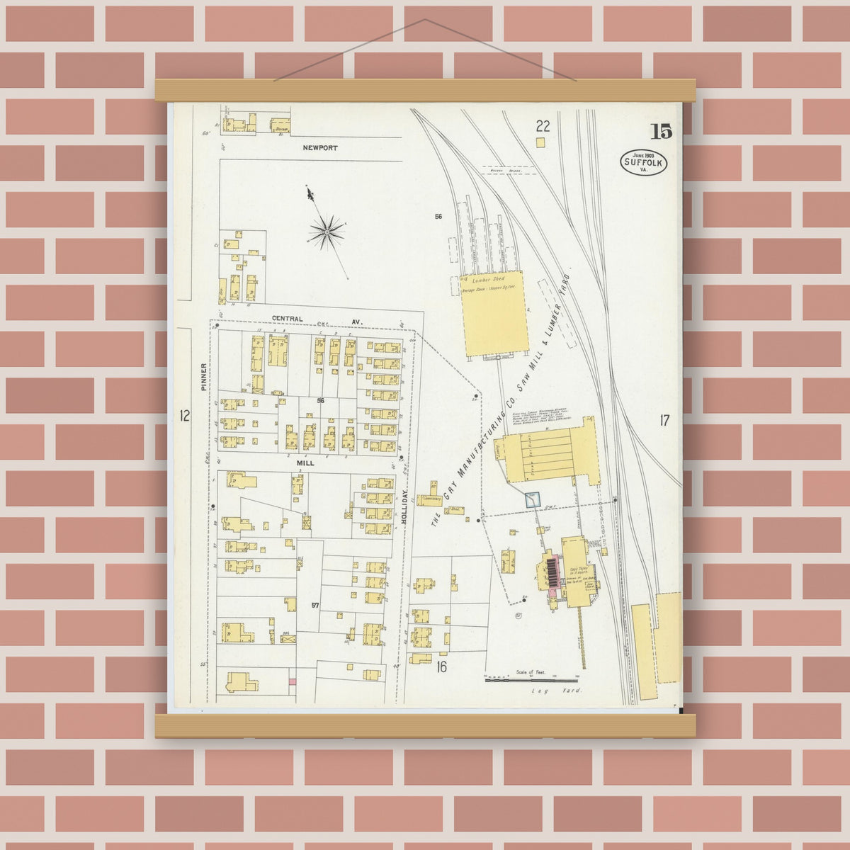 Old map wall art mockup — magnetic wood frame on brick wall — Sanborn Fire Insurance Map from Suffolk, Independent Cities, Virginia (1903), Sheet #0015