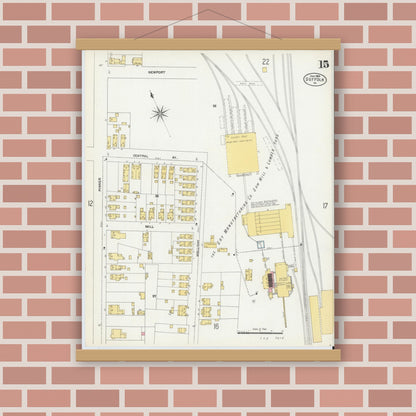 Old map wall art mockup — magnetic wood frame on brick wall — Sanborn Fire Insurance Map from Suffolk, Independent Cities, Virginia (1903), Sheet #0015