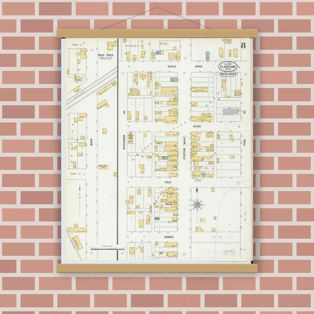 Old map wall art mockup — magnetic wood frame on brick wall — Sanborn Fire Insurance Map from Gladstone, Delta County, Michigan (1900), Sheet #0008