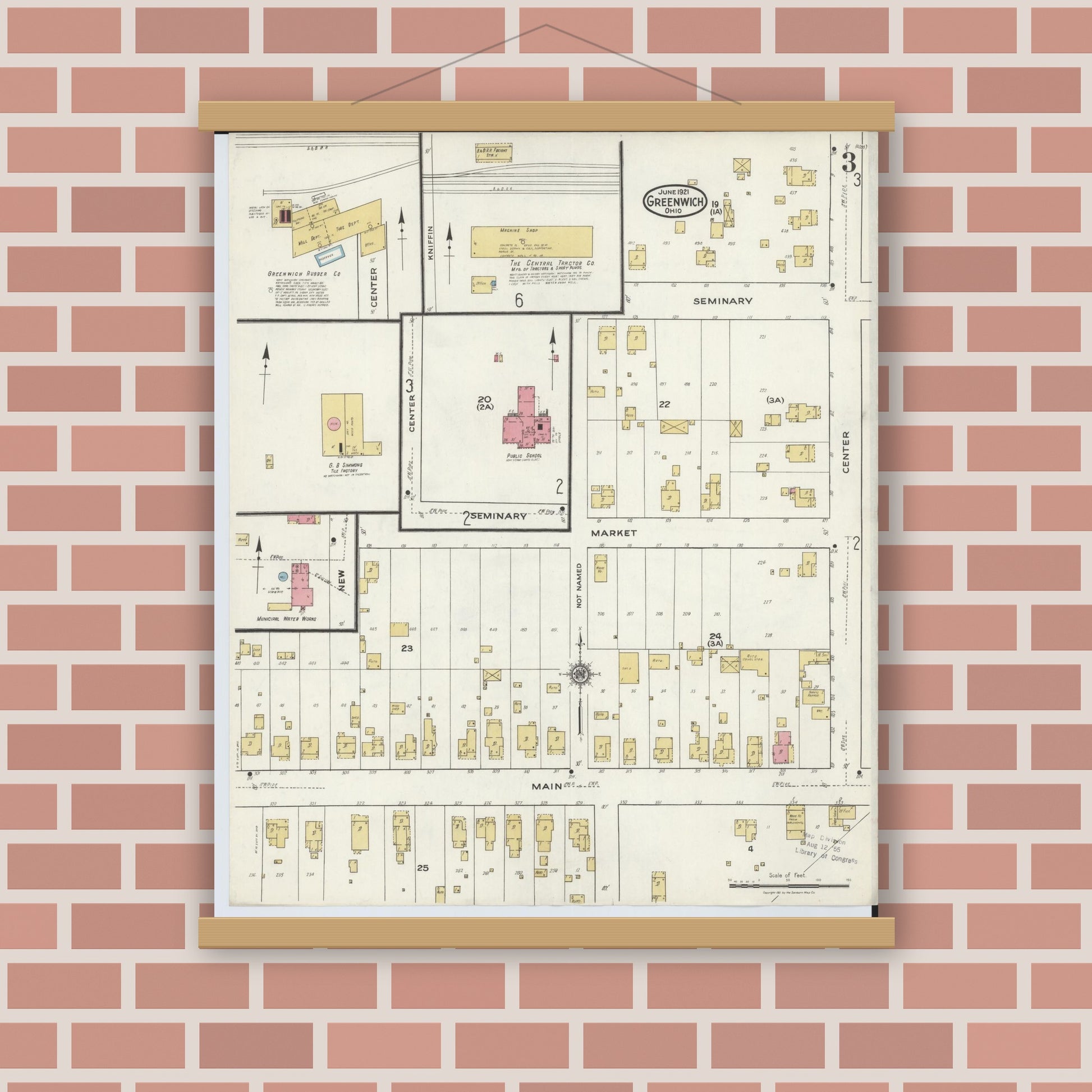 Old map wall art mockup — magnetic wood frame on brick wall — Sanborn Fire Insurance Map from Greenwich, Huron County, Ohio (1921), Sheet #0003