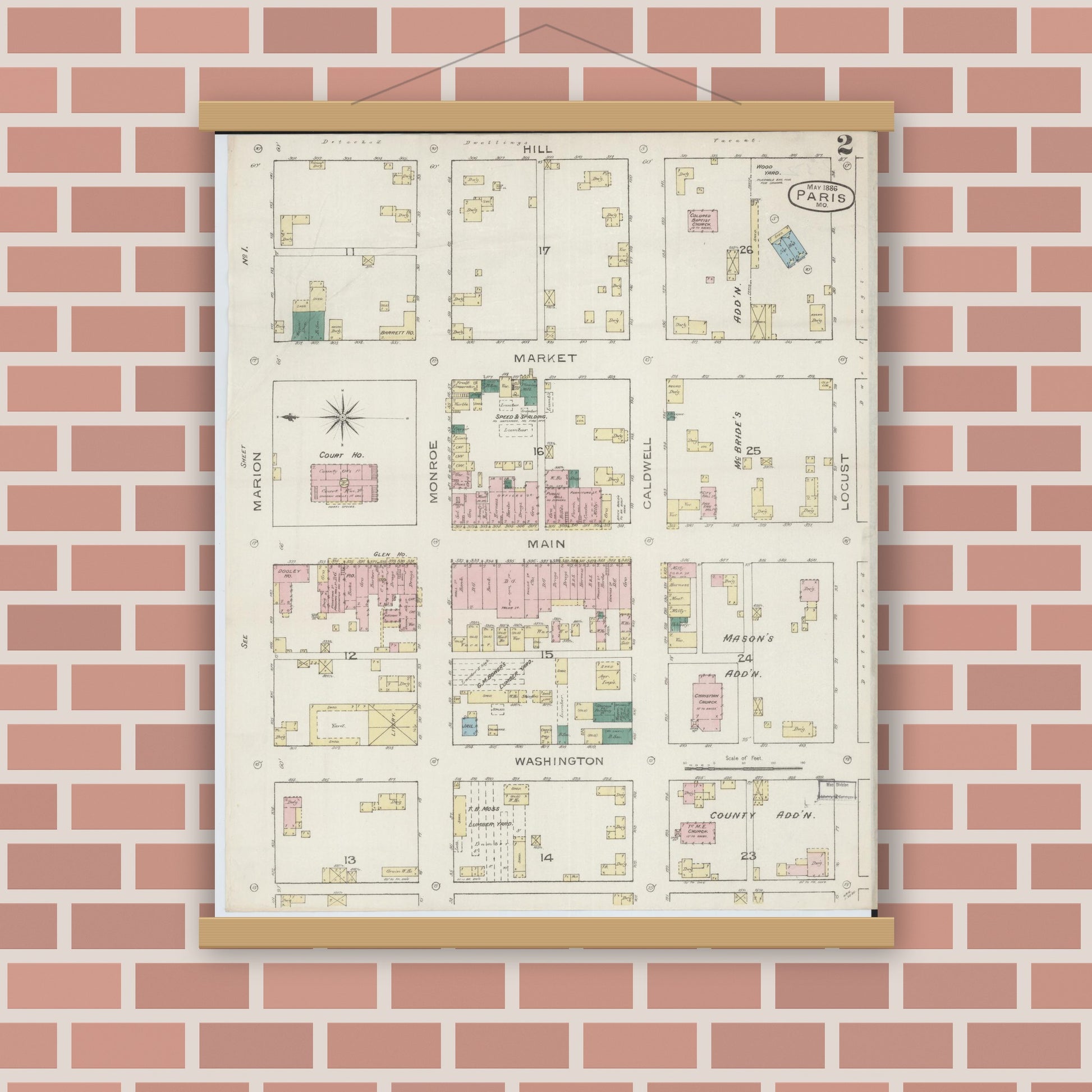 Old map wall art mockup — magnetic wood frame on brick wall — Sanborn Fire Insurance Map from Paris, Monroe County, Missouri (1886), Sheet #0002