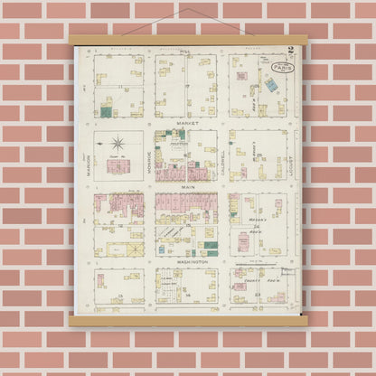 Old map wall art mockup — magnetic wood frame on brick wall — Sanborn Fire Insurance Map from Paris, Monroe County, Missouri (1886), Sheet #0002