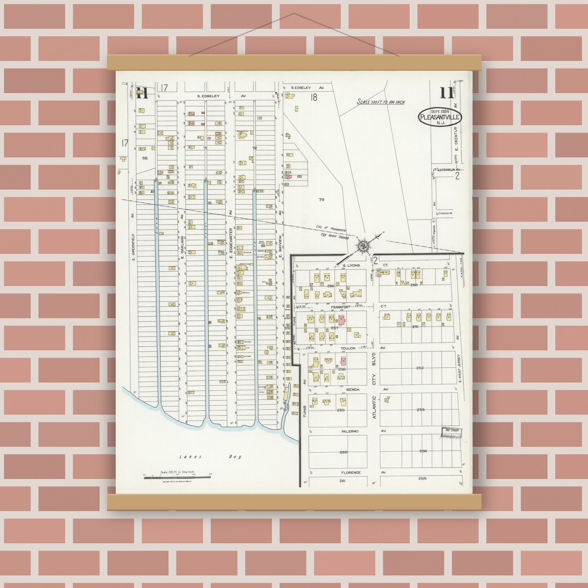 Old map wall art mockup — magnetic wood frame on brick wall — Sanborn Fire Insurance Map from Pleasantville, Atlantic County, New Jersey (1924), Sheet #0011