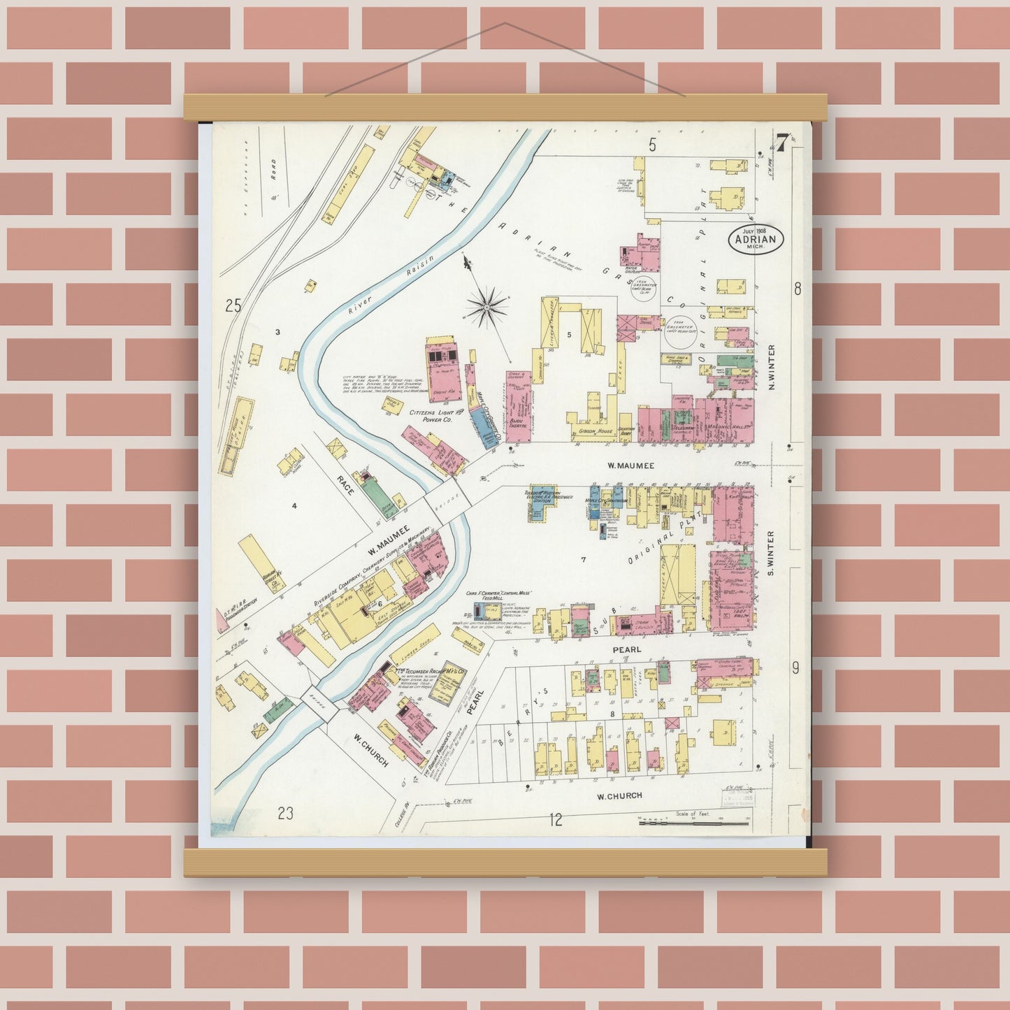Old map wall art mockup — magnetic wood frame on brick wall — Sanborn Fire Insurance Map from Adrian, Lenawee County, Michigan (1908), Sheet #0007
