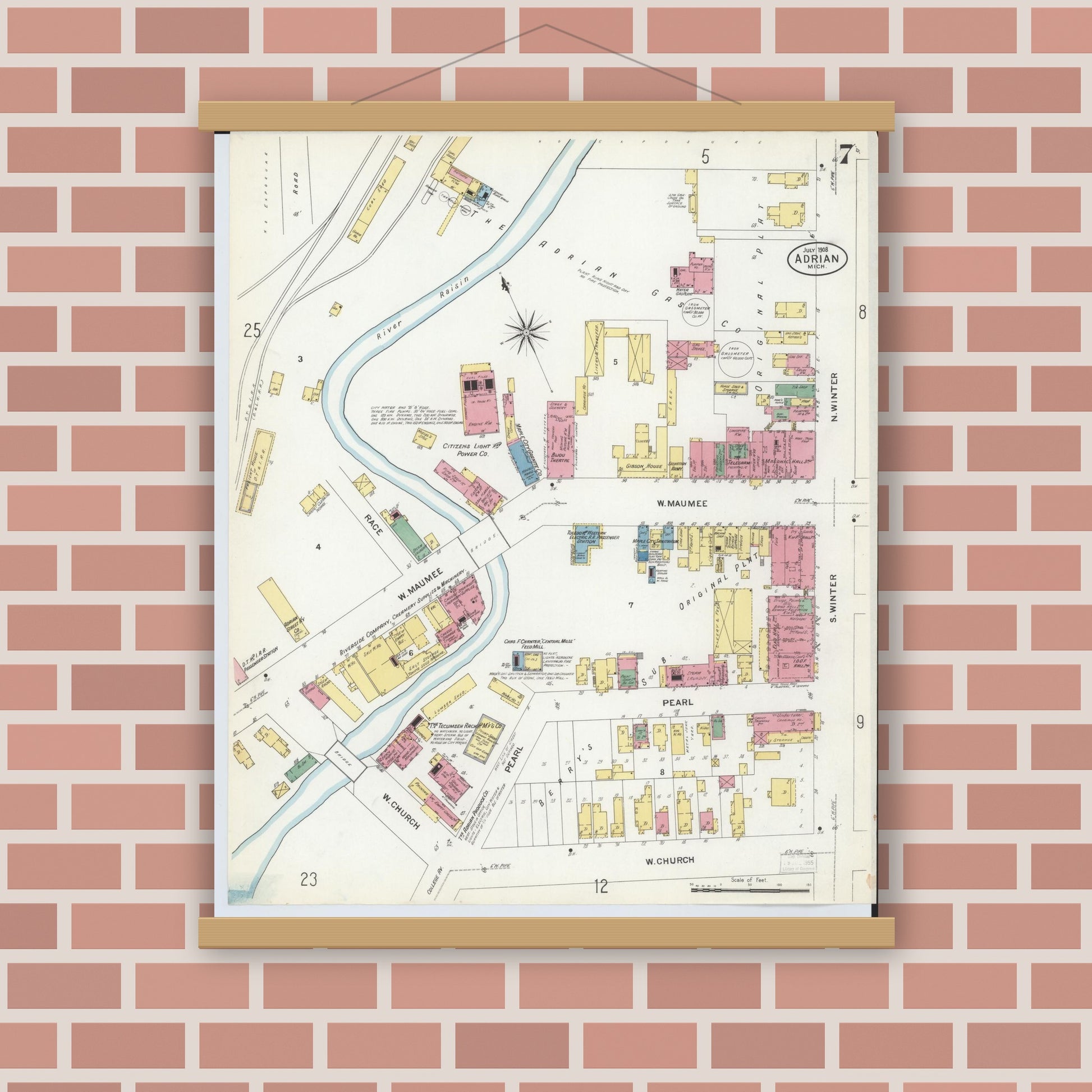 Old map wall art mockup — magnetic wood frame on brick wall — Sanborn Fire Insurance Map from Adrian, Lenawee County, Michigan (1908), Sheet #0007