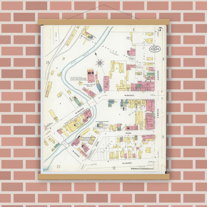 Old map wall art mockup — magnetic wood frame on brick wall — Sanborn Fire Insurance Map from Adrian, Lenawee County, Michigan (1908), Sheet #0007