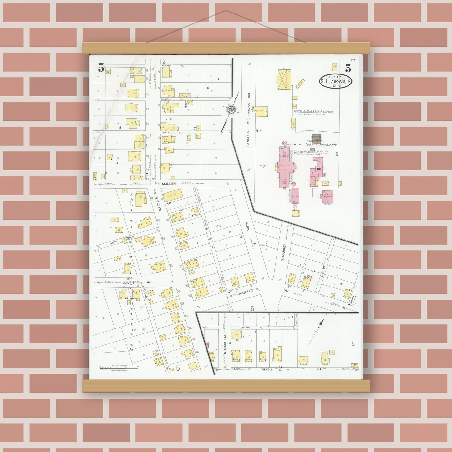 Old map wall art mockup — magnetic wood frame on brick wall — Sanborn Fire Insurance Map from Saint Clairsville, Belmont County, Ohio (1929), Sheet #0005