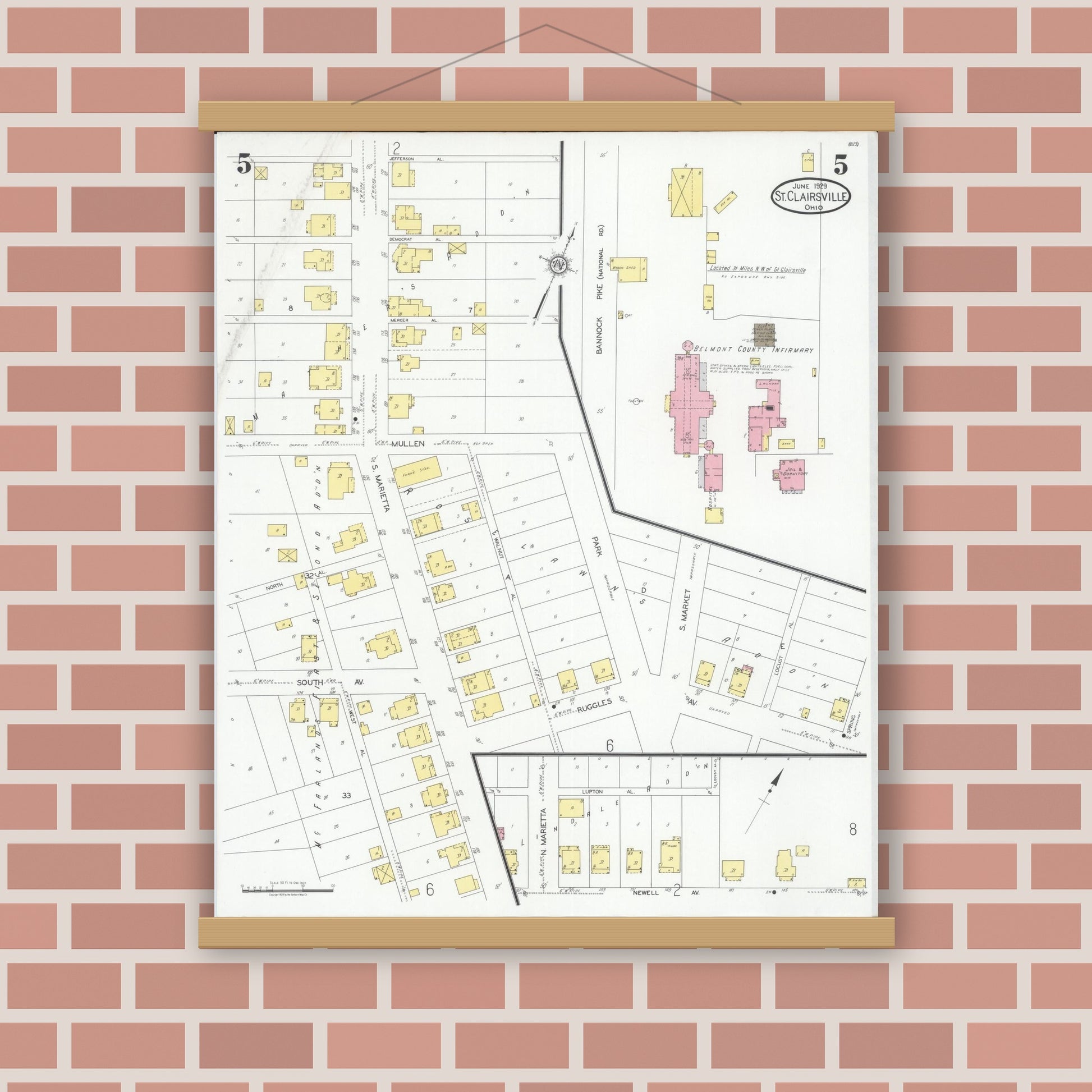 Old map wall art mockup — magnetic wood frame on brick wall — Sanborn Fire Insurance Map from Saint Clairsville, Belmont County, Ohio (1929), Sheet #0005