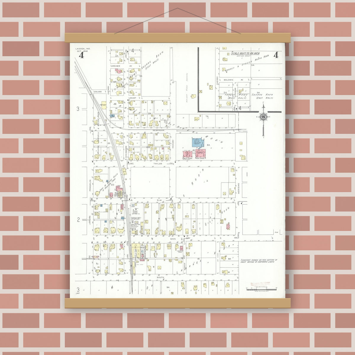 Old map wall art mockup — magnetic wood frame on brick wall — Sanborn Fire Insurance Map from Ladoga, Montgomery County, Indiana (1942), Sheet #0004
