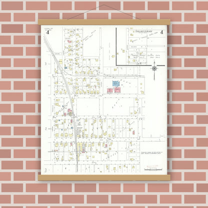 Old map wall art mockup — magnetic wood frame on brick wall — Sanborn Fire Insurance Map from Ladoga, Montgomery County, Indiana (1942), Sheet #0004