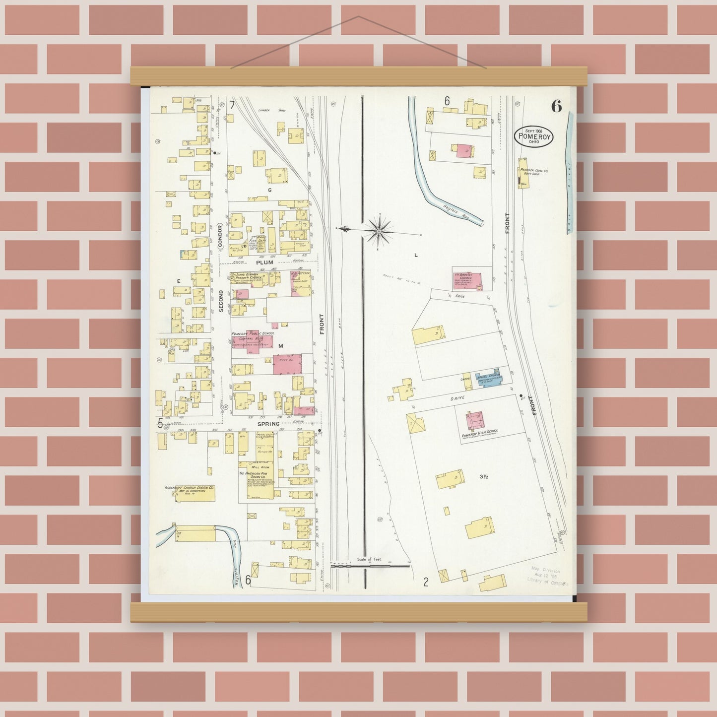 Old map wall art mockup — magnetic wood frame on brick wall — Sanborn Fire Insurance Map from Pomeroy, Meigs County, Ohio (1908), Sheet #0006