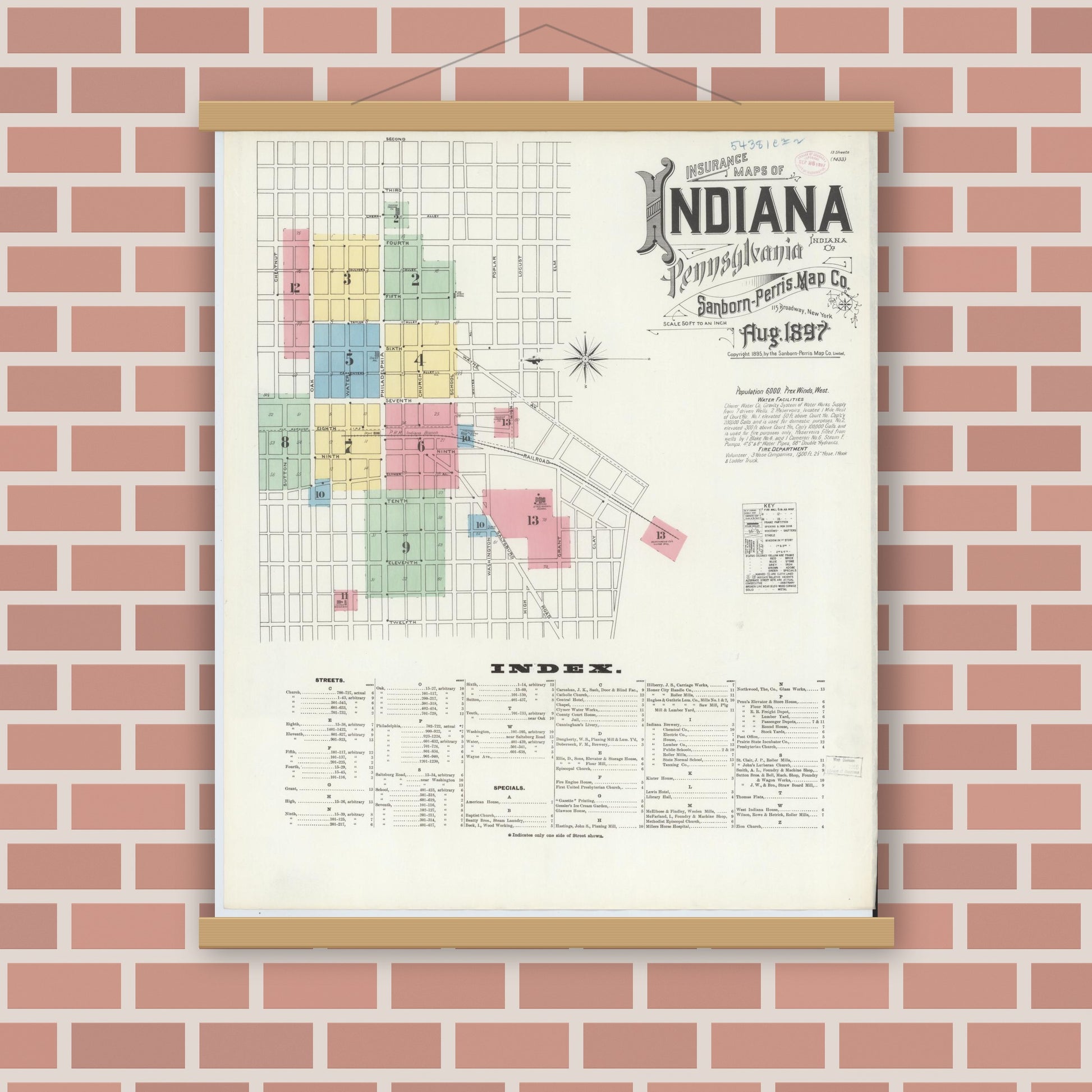 Old map wall art mockup — magnetic wood frame on brick wall — Sanborn Fire Insurance Map from Indiana, Indiana County, Pennsylvania (1888), Sheet #0001