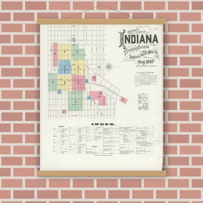 Old map wall art mockup — magnetic wood frame on brick wall — Sanborn Fire Insurance Map from Indiana, Indiana County, Pennsylvania (1888), Sheet #0001