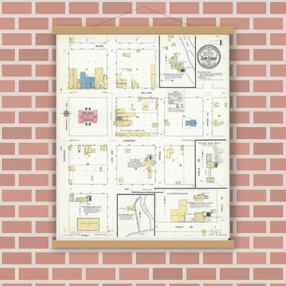 Old map wall art mockup — magnetic wood frame on brick wall — Sanborn Fire Insurance Map from San Saba, San Saba County, Texas (1912), Sheet #0001