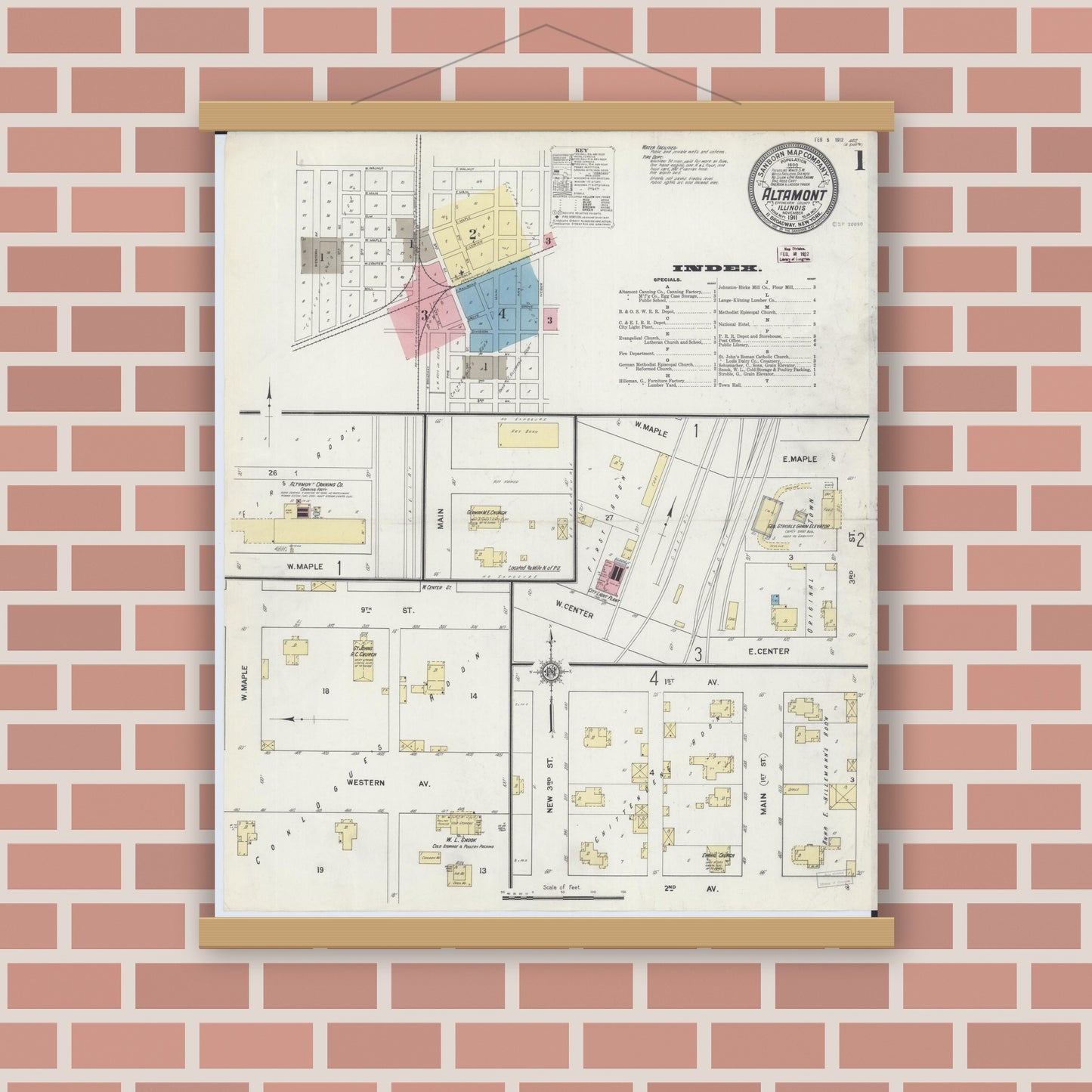 Old map wall art mockup — magnetic wood frame on brick wall — Sanborn Fire Insurance Map from Altamont, Effingham County, Illinois (1911) - Complete Map Set