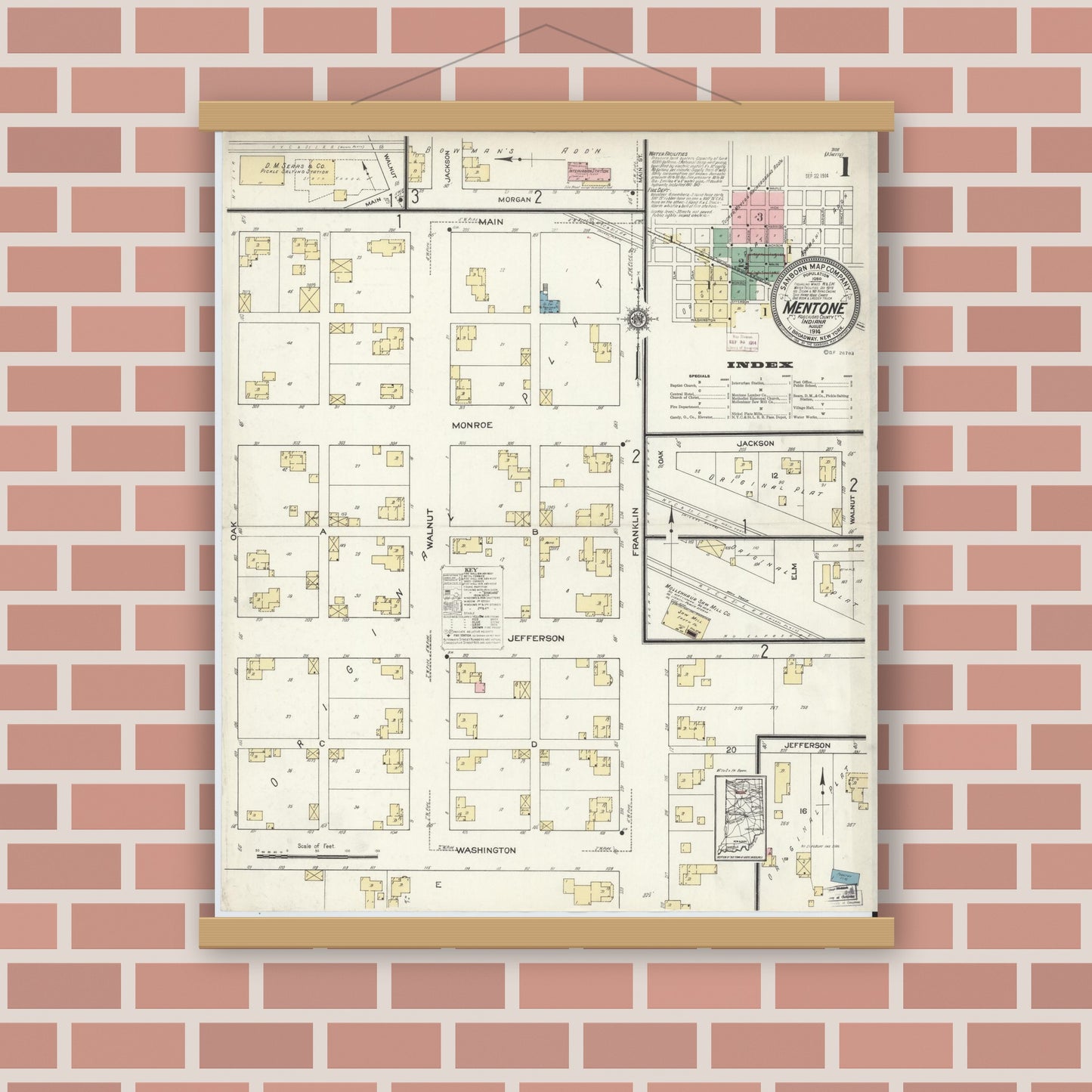 Old map wall art mockup — magnetic wood frame on brick wall — Sanborn Fire Insurance Map from Mentone, Kosciusko County, Indiana (1914) - Complete Map Set