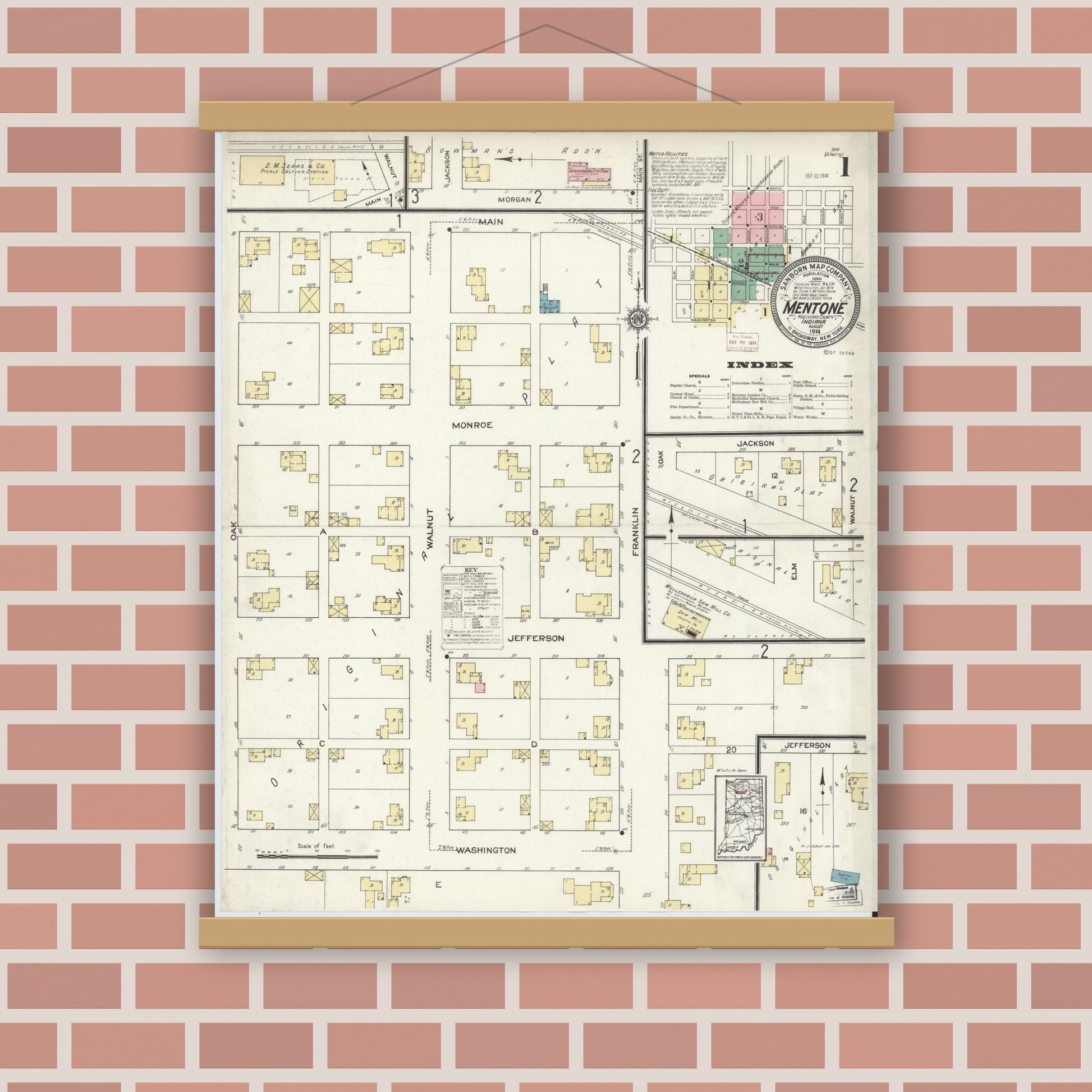 Old map wall art mockup — magnetic wood frame on brick wall — Sanborn Fire Insurance Map from Mentone, Kosciusko County, Indiana (1914) - Complete Map Set