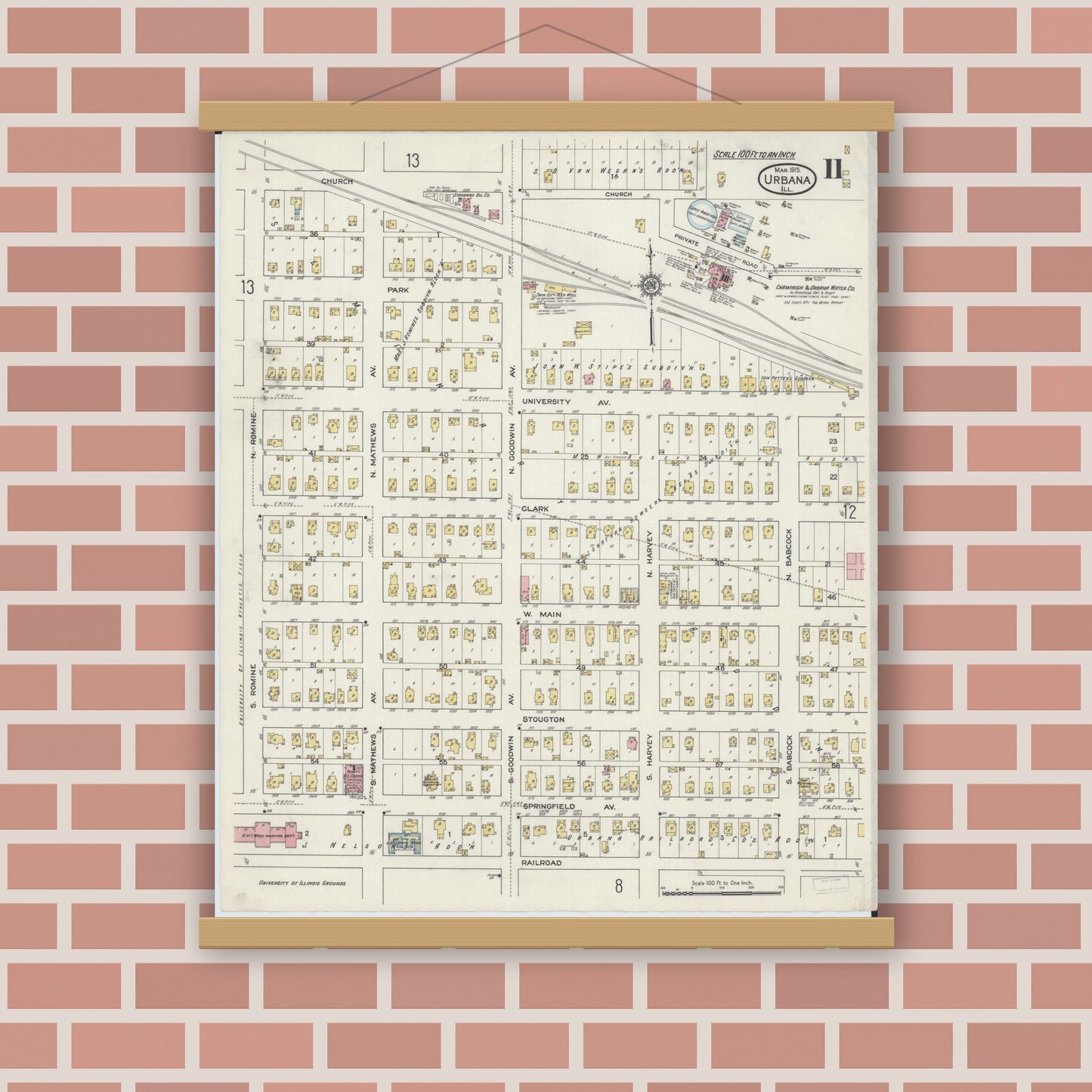 Old map wall art mockup — magnetic wood frame on brick wall — Sanborn Fire Insurance Map from Urbana, Champaign County, Illinois (1915), Sheet #0011