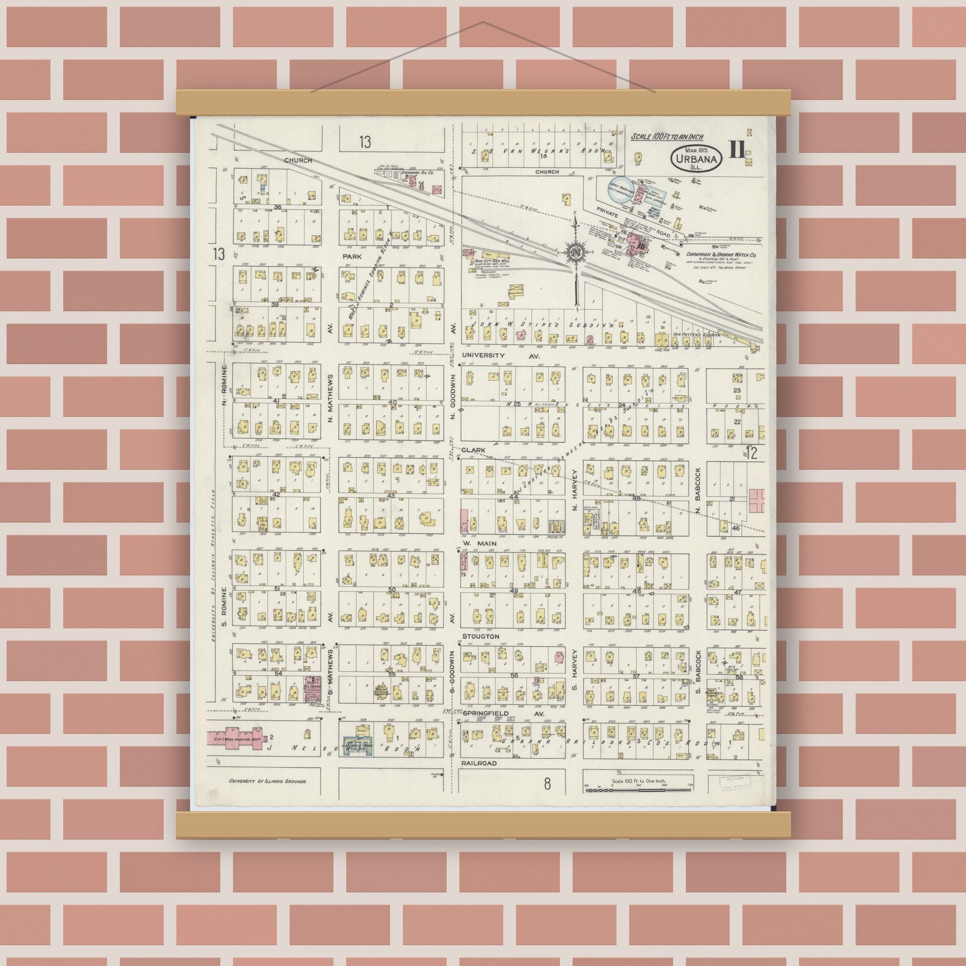 Old map wall art mockup — magnetic wood frame on brick wall — Sanborn Fire Insurance Map from Urbana, Champaign County, Illinois (1915), Sheet #0011