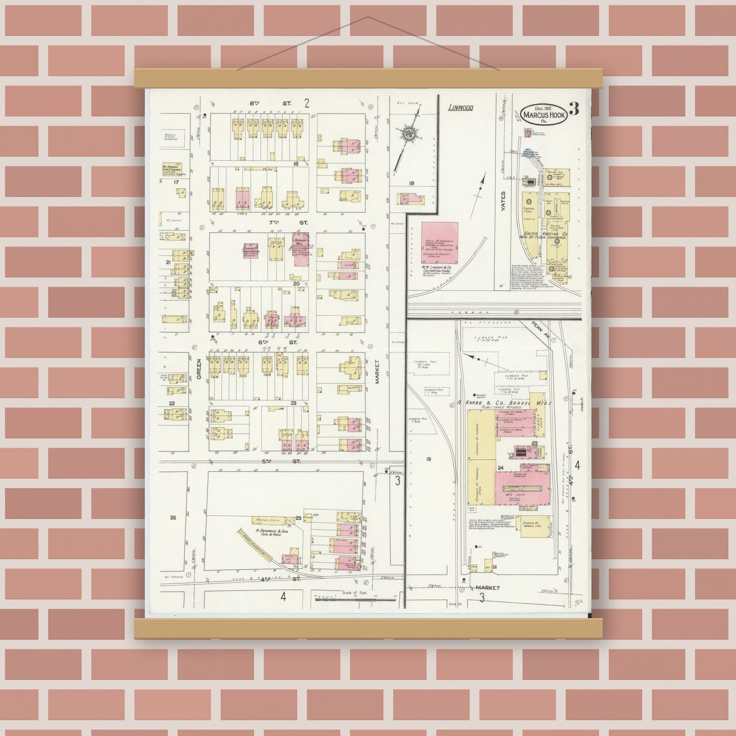 Old map wall art mockup — magnetic wood frame on brick wall — Sanborn Fire Insurance Map from Marcus Hook, Chester County, Pennsylvania (1912), Sheet #0003