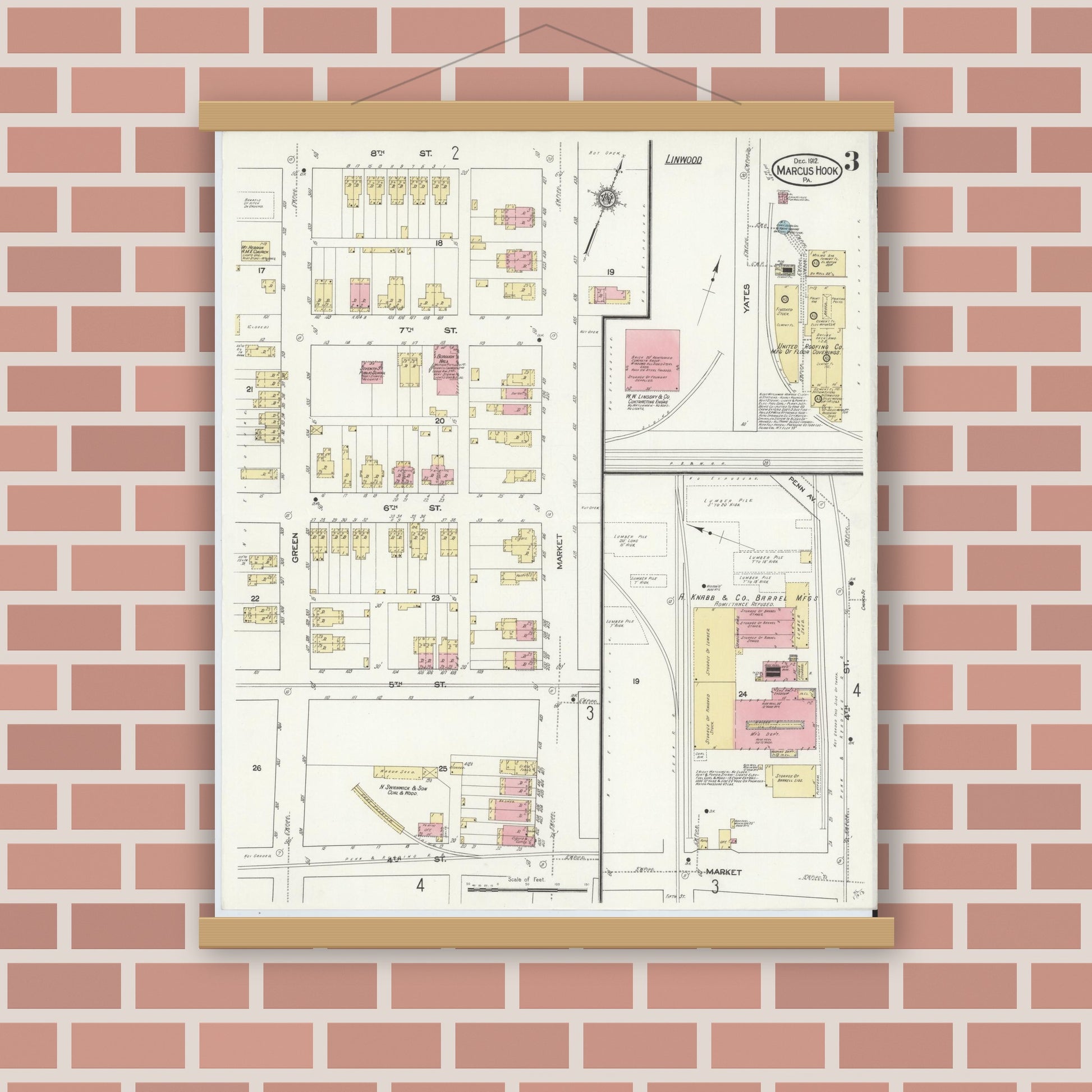 Old map wall art mockup — magnetic wood frame on brick wall — Sanborn Fire Insurance Map from Marcus Hook, Chester County, Pennsylvania (1912), Sheet #0003