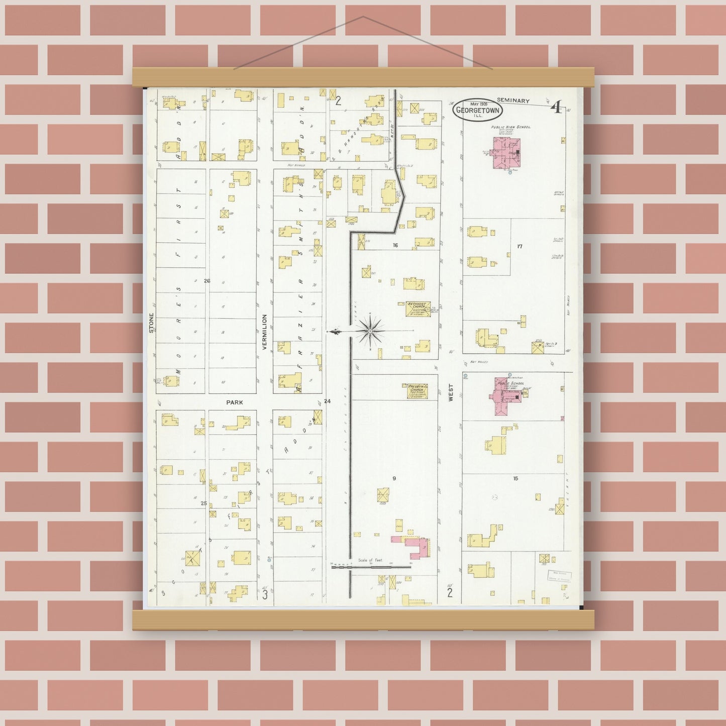 Old map wall art mockup — magnetic wood frame on brick wall — Sanborn Fire Insurance Map from Georgetown, Vermilion County, Illinois (1909), Sheet #0004
