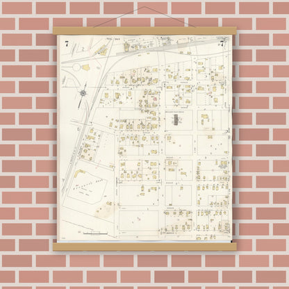 Old map wall art mockup — magnetic wood frame on brick wall — Sanborn Fire Insurance Map from Conroe, Montgomery County, Texas (1943), Sheet #0007