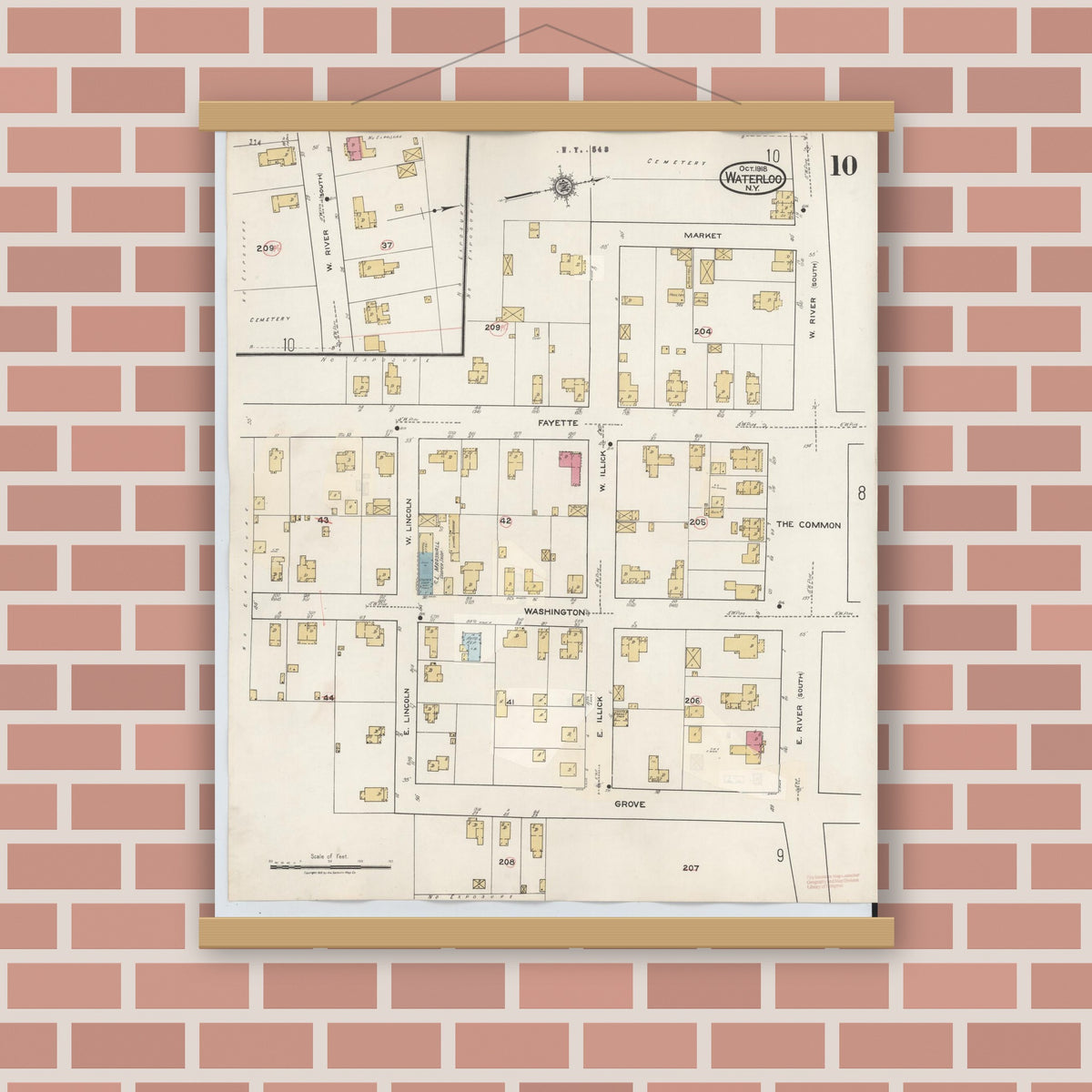 Old map wall art mockup — magnetic wood frame on brick wall — Sanborn Fire Insurance Map from Waterloo, Seneca County, New York (1948), Sheet #0010