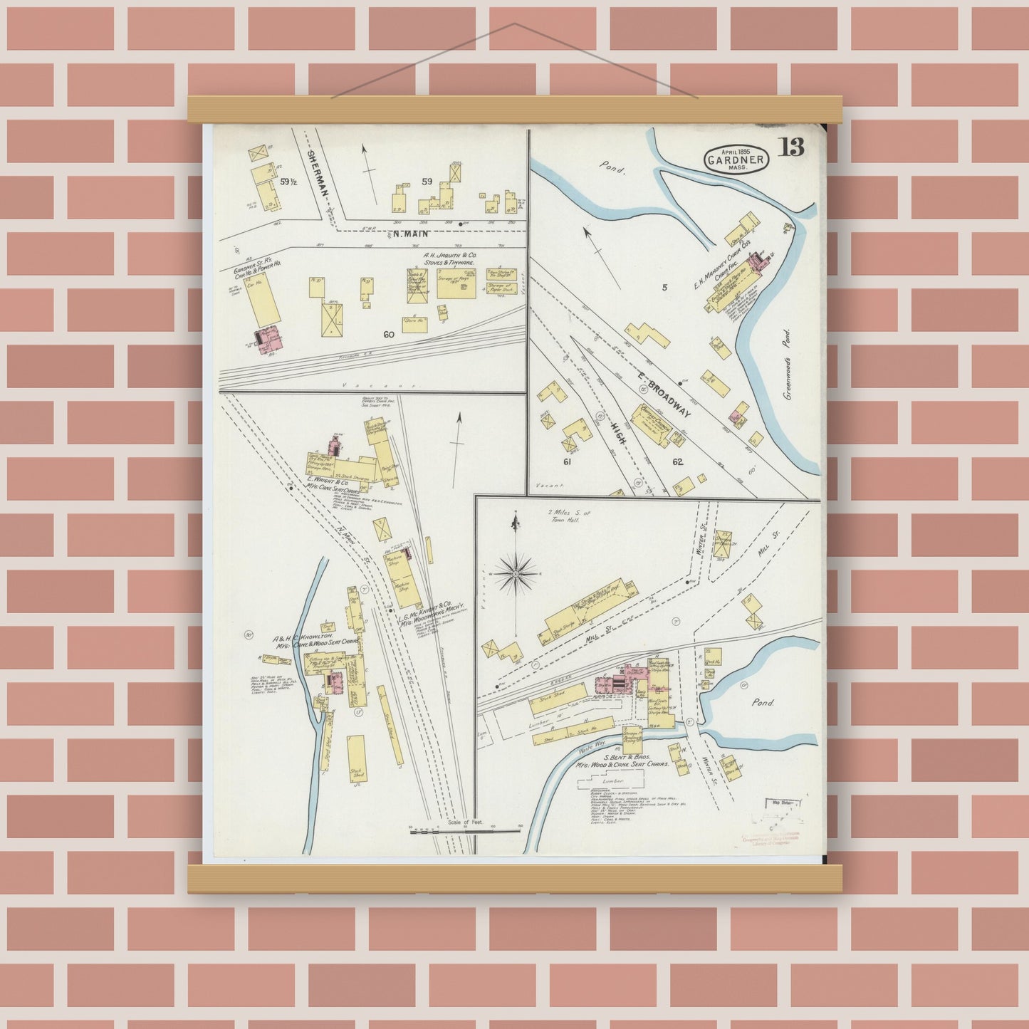 Old map wall art mockup — magnetic wood frame on brick wall — Sanborn Fire Insurance Map from Gardner, Worcester County, Massachusetts (1895), Sheet #0013