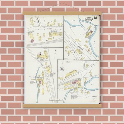 Old map wall art mockup — magnetic wood frame on brick wall — Sanborn Fire Insurance Map from Gardner, Worcester County, Massachusetts (1895), Sheet #0013