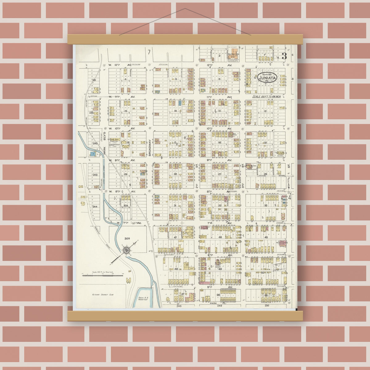 Old map wall art mockup — magnetic wood frame on brick wall — Sanborn Fire Insurance Map from Juniata, Blair County, Pennsylvania (1915), Sheet #0003