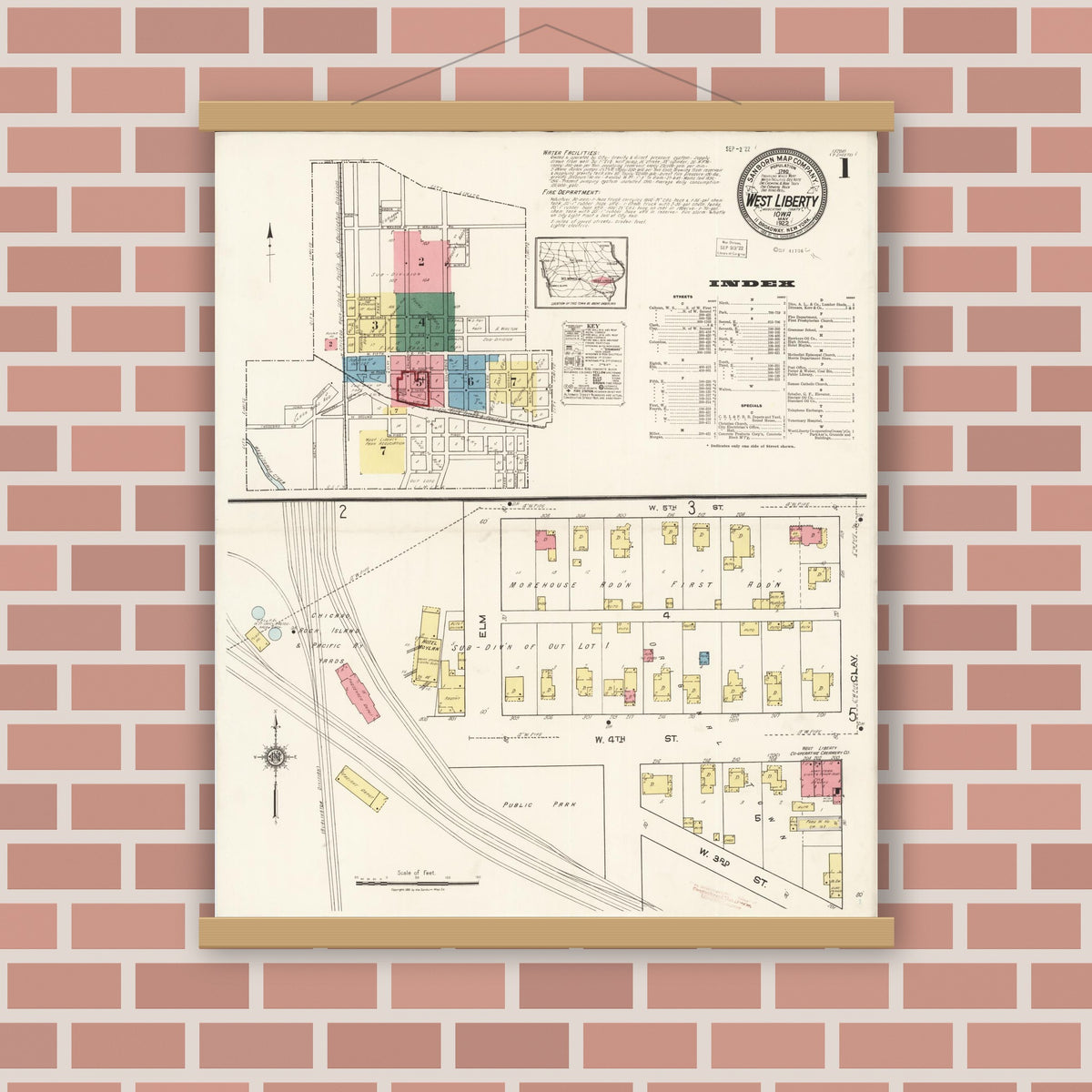 Old map wall art mockup — magnetic wood frame on brick wall — Sanborn Fire Insurance Map from West Liberty, Muscatine County, Iowa (1922) â€” Complete Set