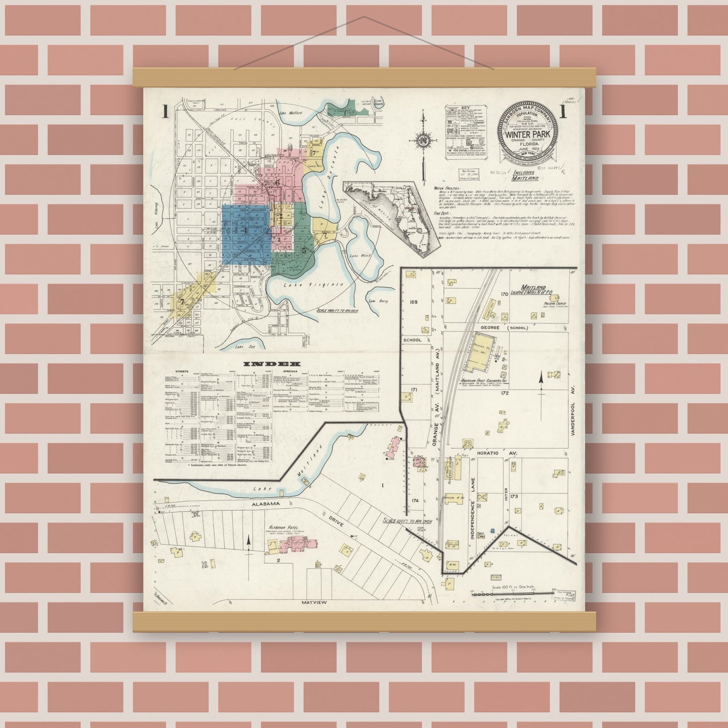 Old map wall art mockup — magnetic wood frame on brick wall — Sanborn Fire Insurance Map from Winter Park, Orange County, Florida (1924), Sheet #0001