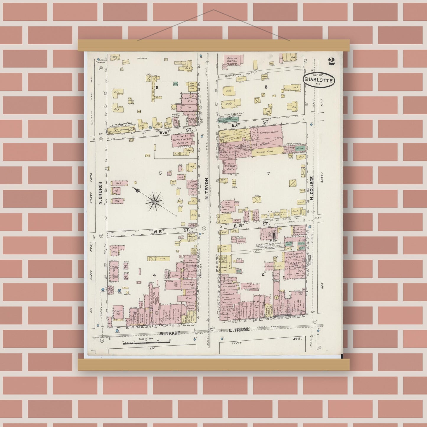 Old map wall art mockup — magnetic wood frame on brick wall — Sanborn Fire Insurance Map from Charlotte, Mecklenburg County, North Carolina (1890), Sheet #0002