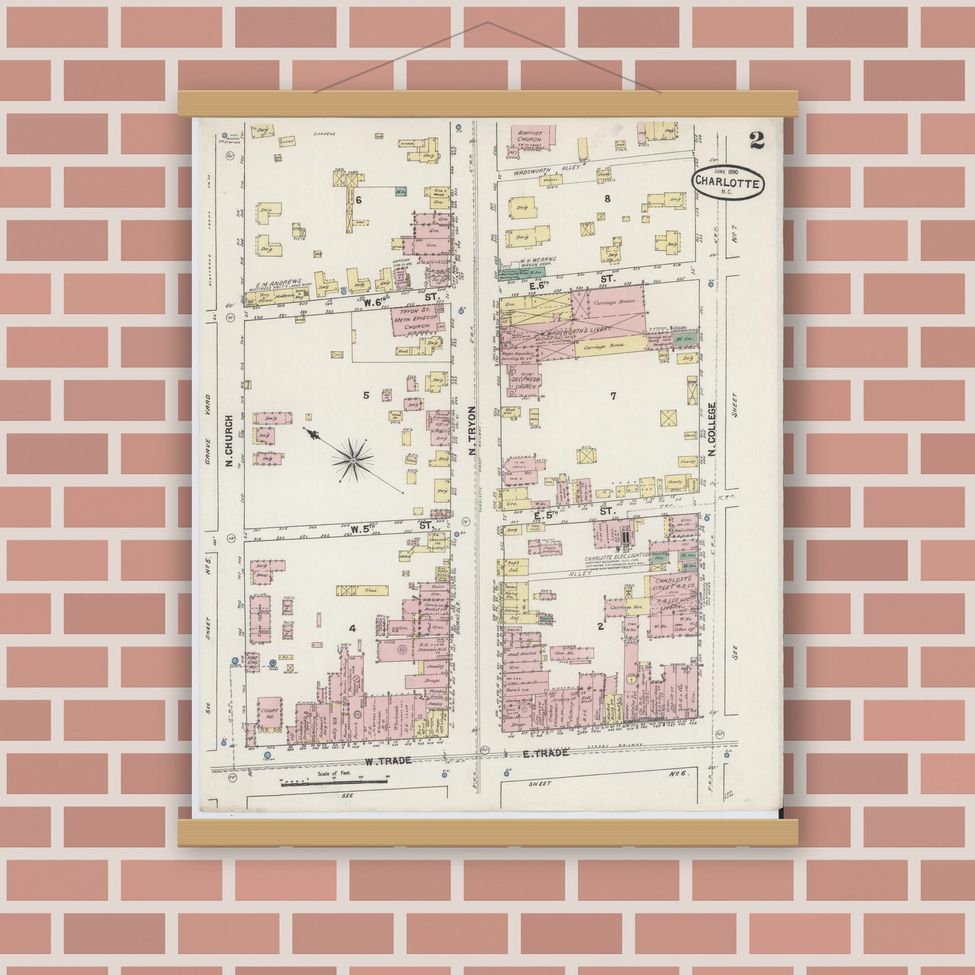Old map wall art mockup — magnetic wood frame on brick wall — Sanborn Fire Insurance Map from Charlotte, Mecklenburg County, North Carolina (1890), Sheet #0002