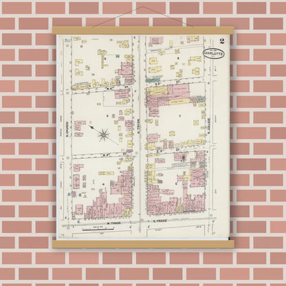 Old map wall art mockup — magnetic wood frame on brick wall — Sanborn Fire Insurance Map from Charlotte, Mecklenburg County, North Carolina (1890), Sheet #0002